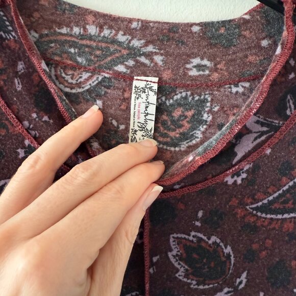 Free People Intimates Burgundy Paisley Mock Neck Long Sleeve Layering Top - Picture 2 of 4